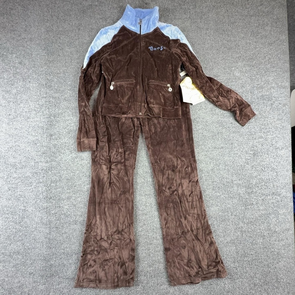 Bongo Tracksuit Womens Small Brown Blue Velour Colorblock Zip Sweatsuit Set